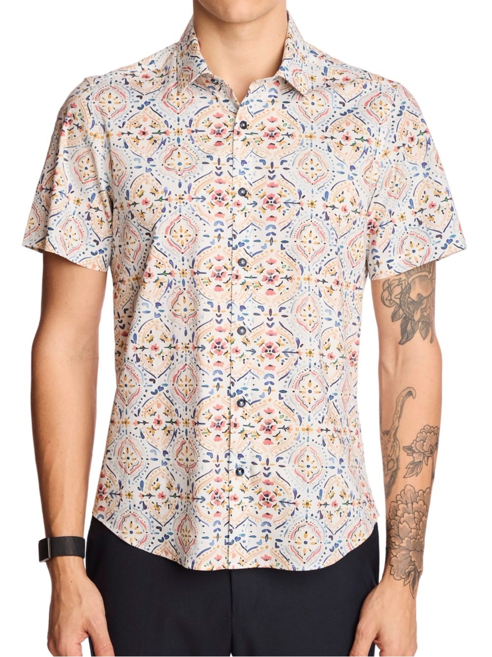 Paisley & Gray Mens Slim Fit Short Sleeve Button Down Shirt White Peach Sz S NWT
